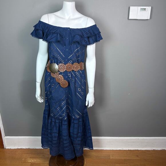 Boston Proper dress Medium western blue maxi off shoulder eyelet boho NWT - Picture 1 of 15